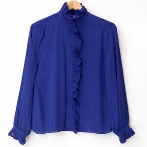 Zara NWT XS Royal Blue Ruffle Front High Neck Blouse Long Sleeve